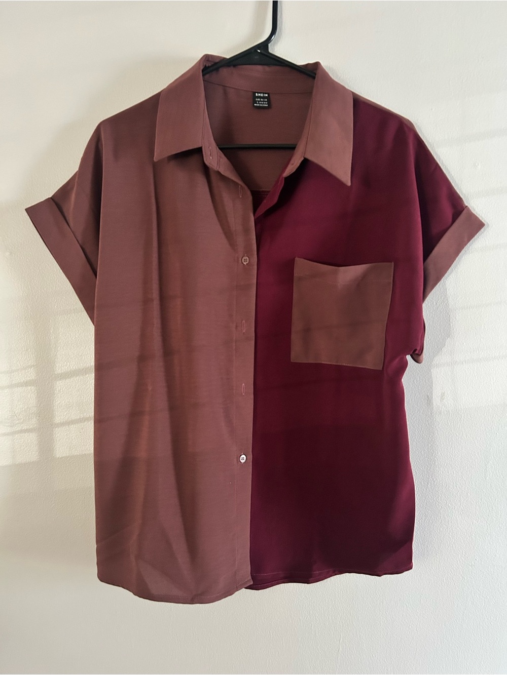 SHEIN Two-Tone Short Sleeve Button-Up Shirt - Burgundy and Taupe